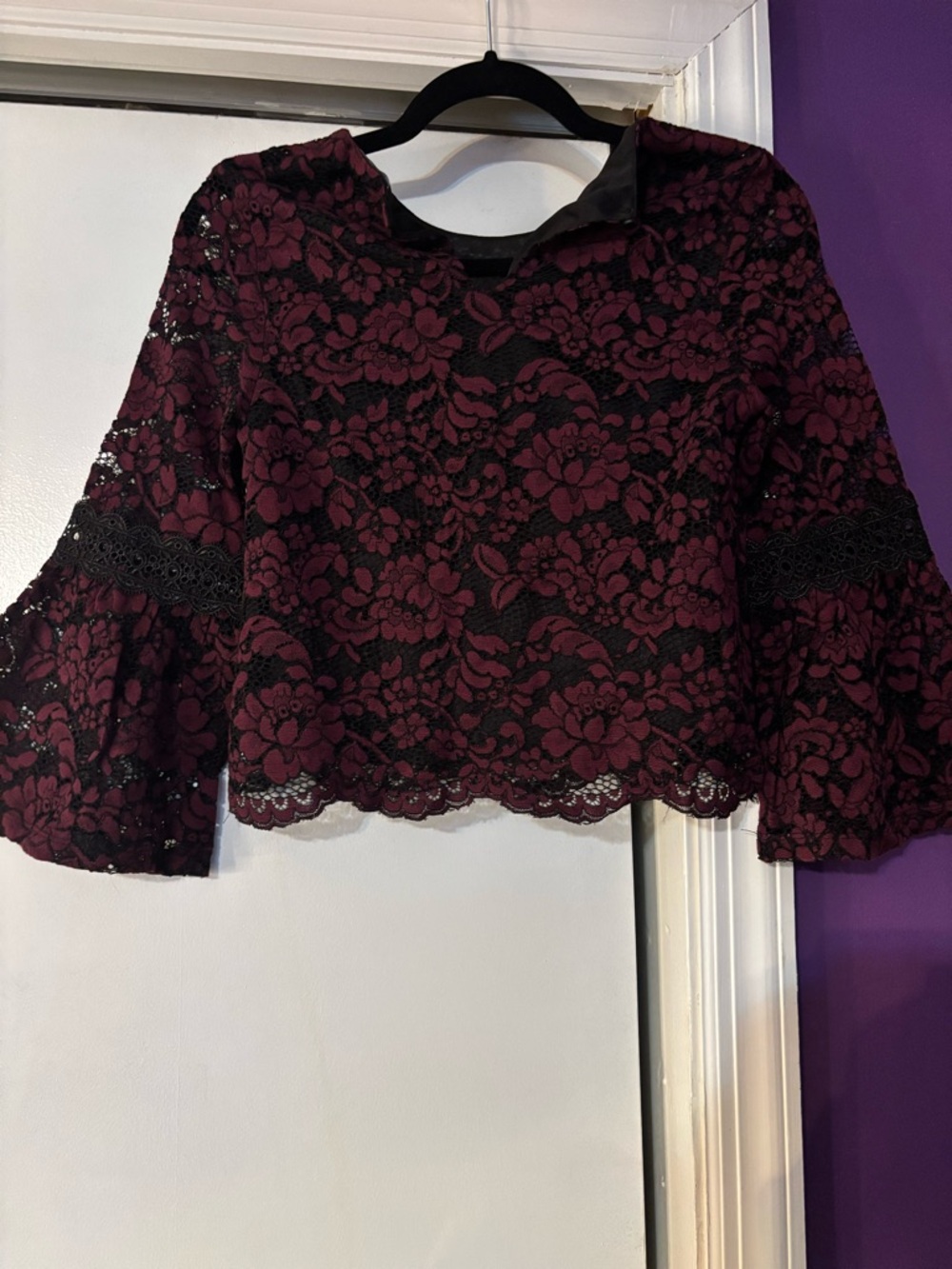 Women's Lace Bell Sleeve Top in Burgundy with Black Underlay